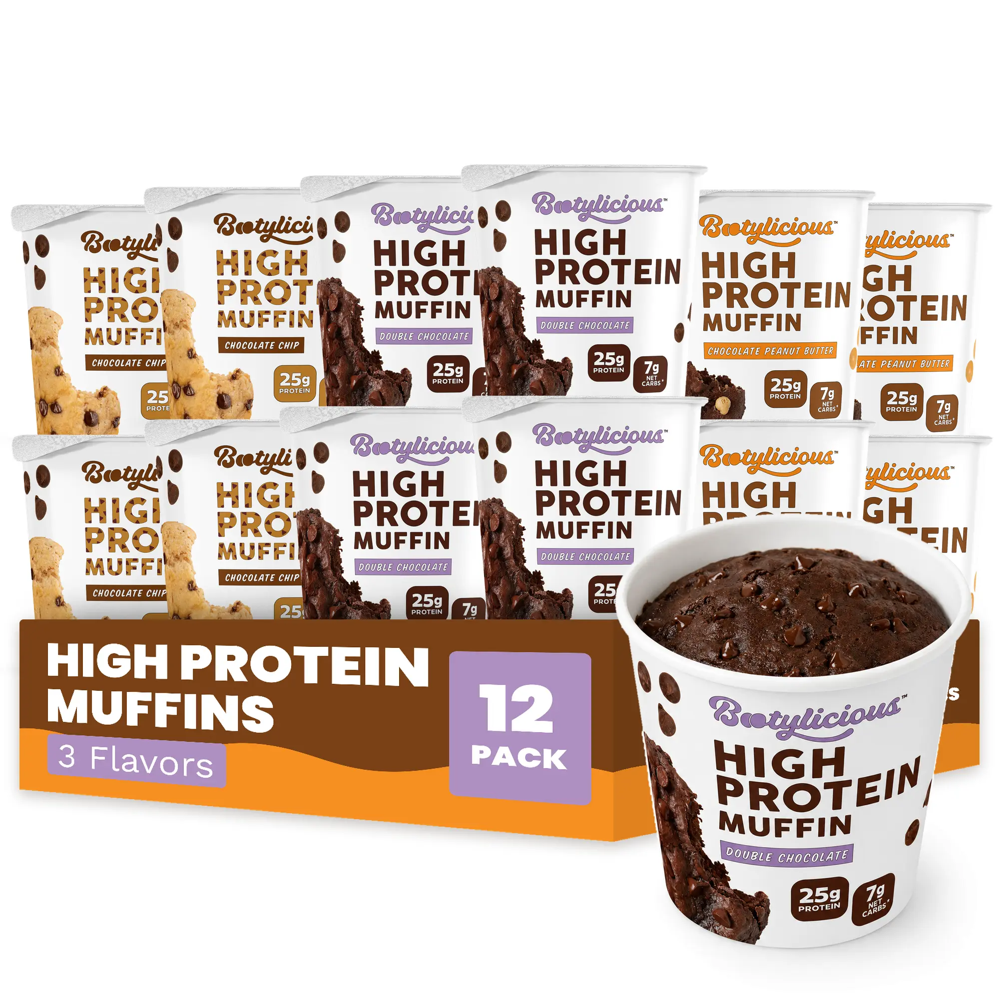 Bootylicious High Protein Muffins, Chocolate Lovers Variety 12 Pack, 25g Protein, 7g Net Carbs