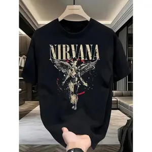 Nirvana Band Angel Distressed Print Short Sleeve T-Shirt, American Vintage Rock Style, Loose Fit, Casual Long Tee, Graphic H-Type