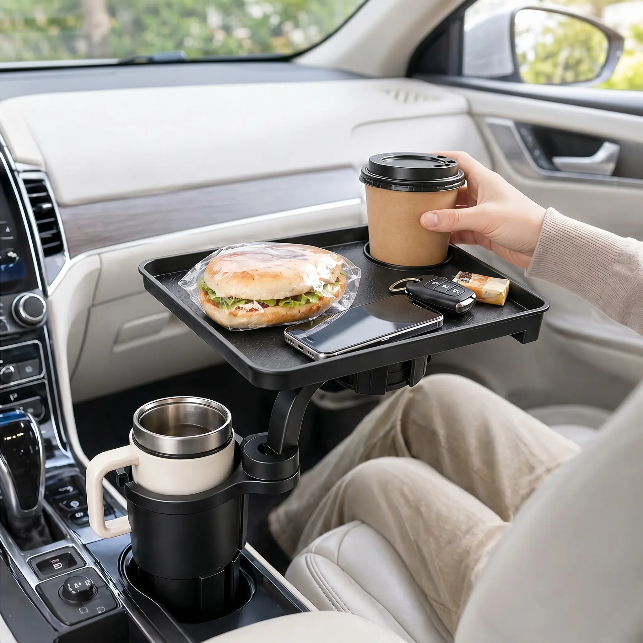 Car Cup Holder Tray with Expander Adapter, Detachable Rotating Snack and Drink Organizer for Round Cup Holders 2.56–3.74 in, Parked Vehicle Use