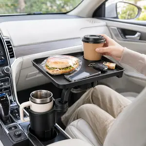 Car Cup Holder Tray Table, Rotating Food and Drink Organizer with Phone Slot, Adjustable Base for Road Trips, Lunch Breaks and Car Essentials