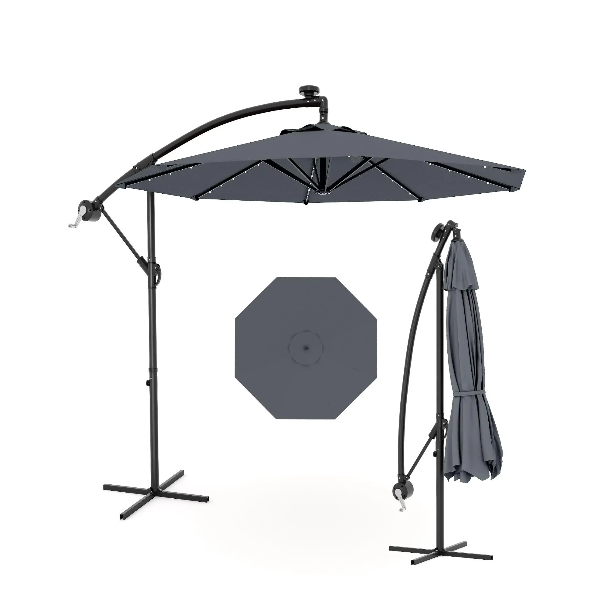 10FT Solar LED Offset Cantilever Patio Umbrella, Hanging Outdoor Sun Shade with Easy Lift & Adjustable Tilt, UV & Fade Resistant Canopy, Heavy Duty Cross Base for Deck Pool Backyard Garden, Offset Patio Parasol