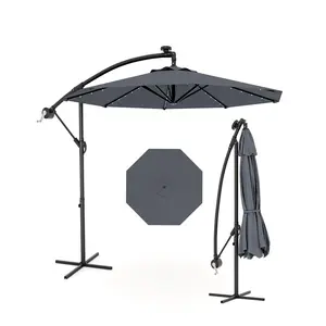10FT Solar LED Offset Cantilever Patio Umbrella, Hanging Outdoor Sun Shade with Easy Lift & Adjustable Tilt, UV & Fade Resistant Canopy, Heavy Duty Cross Base for Deck Pool Backyard Garden, Offset Patio Parasol