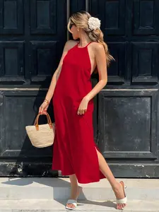 Women’s Burnt Orange Halter Midi Dress - Elegant Tropical Slit Vacation Dress For Women - Sleeveless Summer Beach Holiday Outfit With Chic Relaxed Resort Style, minimalist midi dress women