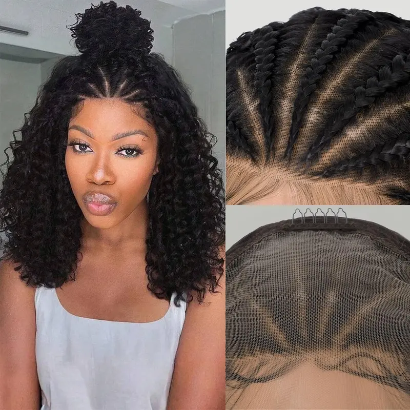 Box Braided Wigs for Black Women Glueless Box Braids Wig with Baby Hair Double Full Lace Front Braid Wig Human Hair Blended Braided Wigs (Curly Braided Wig (Black), 13x6 Curly Braid Wig 16 Inch)