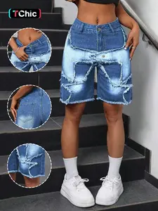 Women's Fashion Design Denim Mid-Thigh Pants, Spring Summer Trendy, Fitted Rhinestone Detail, Button Fly Closure