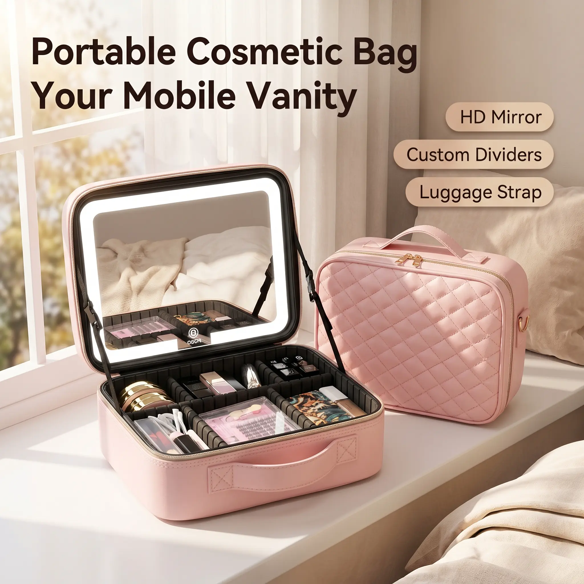 Cosmetic Travel Bag with Lighted Mirror, Chic PU Leather Makeup Storage Organizer with 3 Color Modes and Adjustable Dividers for Women, Cosmetic Travel Bags, Travel Beauty Bag