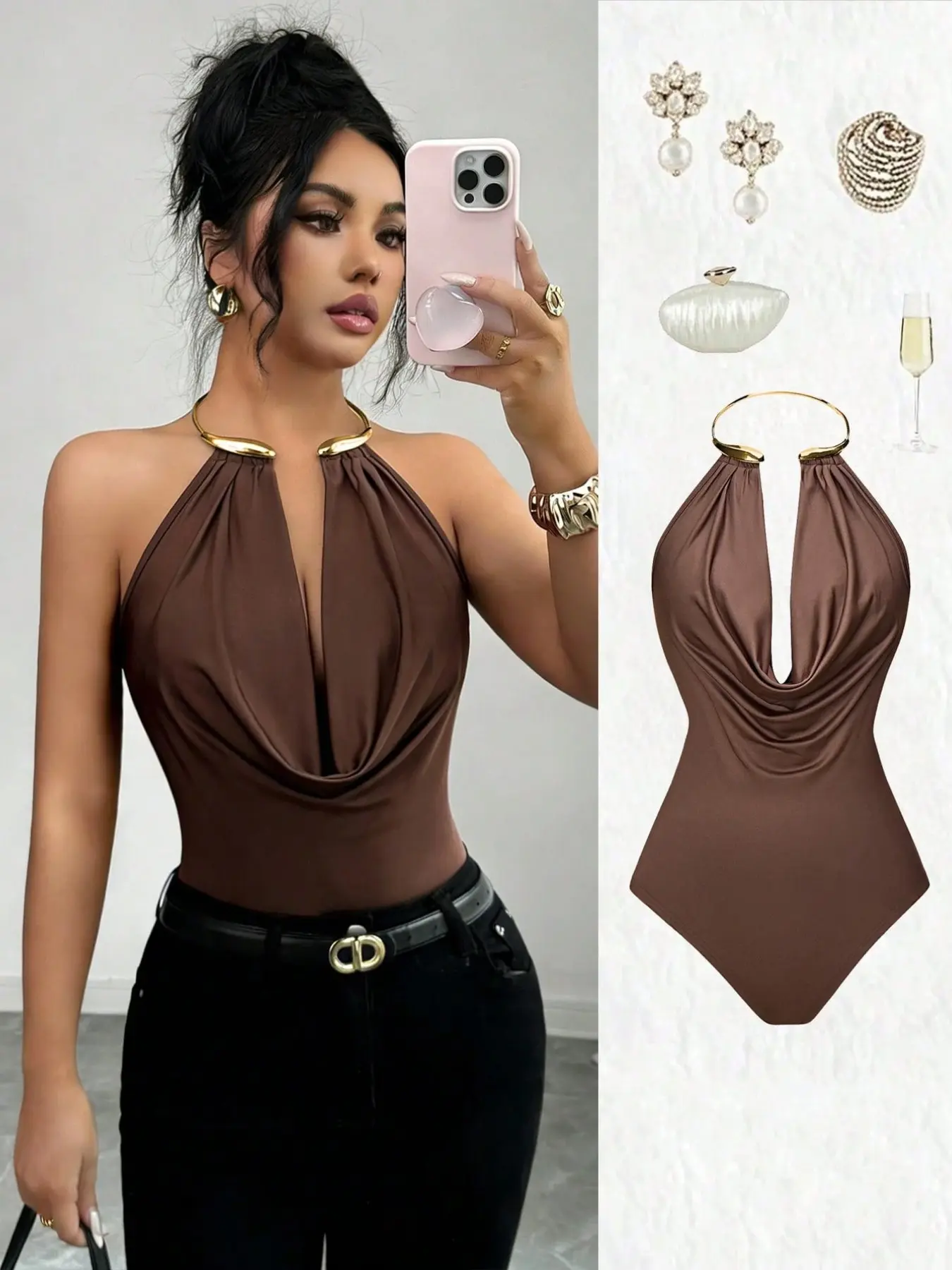European Style Sexy Camel Color Halter Metal Ring One-Piece Dress, Deep V Cutout Design, High Stretch Fabric, Perfect for Dates and Parties