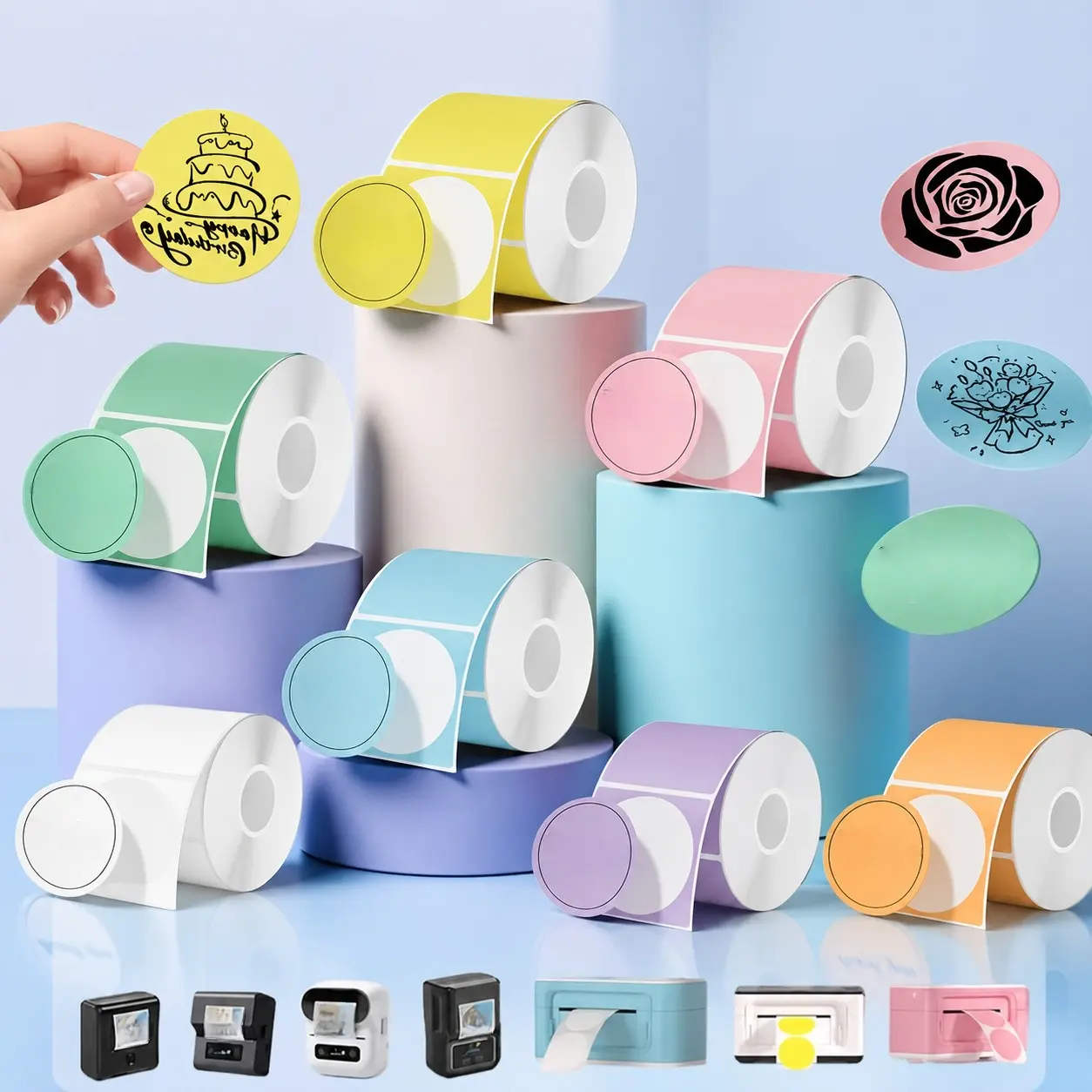 7-Color Thermal Label Tape with 7 Stylish Background Colors, 1.96in x 1.96in (50x50mm), Stable Adhesion for Barcode Print & DIY Users, Compatible with M Series (M100, M108, M110, M220, M221) Label Printers (Pink, Yellow, Blue, Orange, Cyan, Purple, White)