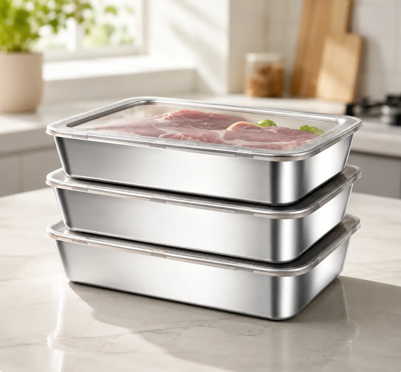 Stainless Steel Food Storage Containers with Clear Lids, Stackable Metal Meal Prep Trays for Meat, Vegetables, Leftovers, Refrigerator, Freezer, Lunch and Kitchen Organization