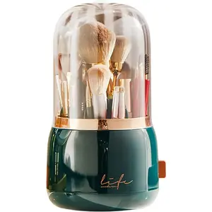 Makeup Brush Holder Organizer with Lid Rotating Dustproof Acrylic Cover for Vanity Desktop Bathroom Countertop Large Capacity 360-Degree Rotating Design - Multifunctional Storage Bin