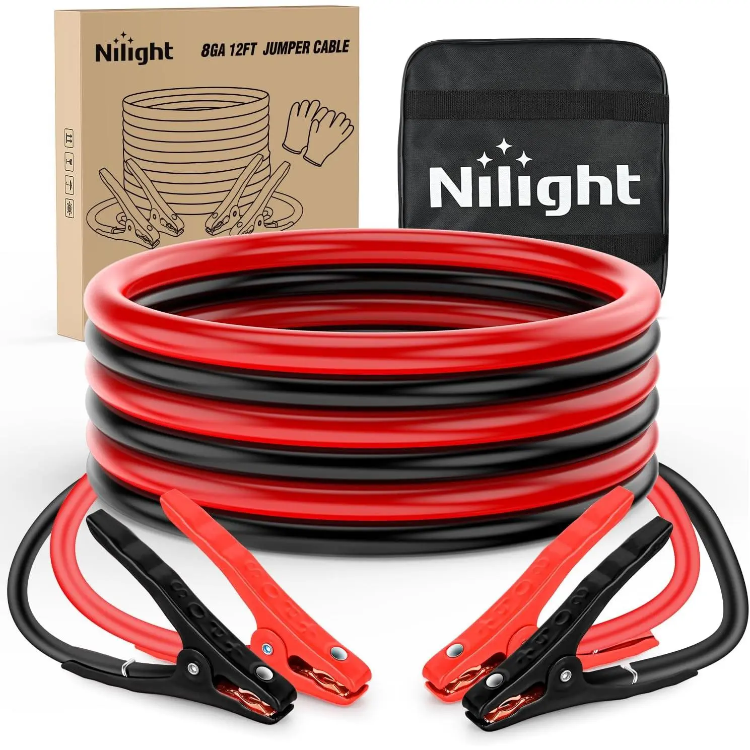 Nilight 8-Gauge 12 FT Tangle-Free Automotive Vehicle Battery Jumper Cables, Heavy Duty 250A Peak/CCA Start Kit with Carrying Bag, Tools and Gadgets for SUV, Sedan