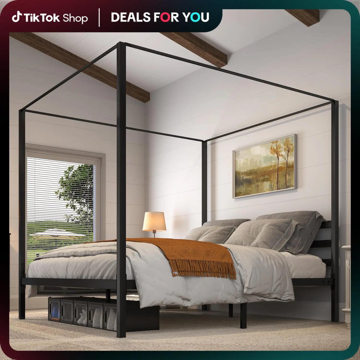 Yitahome Metal Four Poster Canopy Bed Frame 14 Inch Platform with Built-in Headboard Strong Metal Slat Mattress Support, No Box Spring Needed, Black