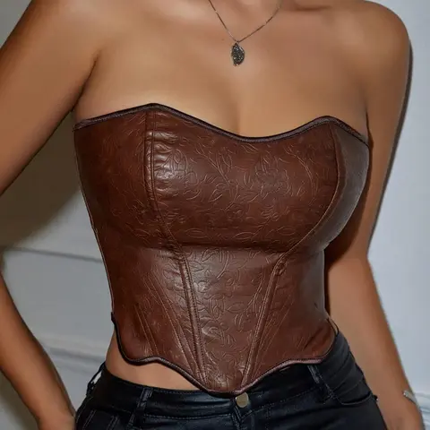 Women's Elegant Solid Strapless PU Leather Corset, Sleeveless Crop Tube Top for Daily Outdoor Wear, Cropped Tank Top for All Seasons