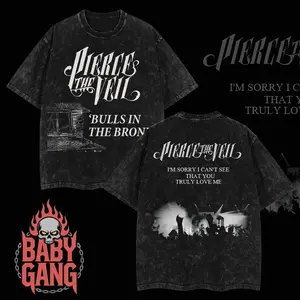 [Baby Gang] Retro Limited Bulls In The Bronx Pierce The Veil Heavy Metal Washed Shirt Unisex Oversize Rock Band Cotton T-shirt Gift For Rock Music Lovers Gothic Punk Emo Grunge Y2K Outfits Vintage 90s Graphic Tees Graphic Streetwear T-shirt K93