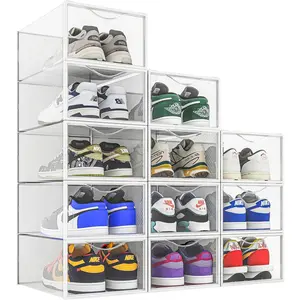 12 Pack Shoe Storage Bins, Clear Plastic Stackable Shoe Organizer for Closet, Space Saving Foldable Shoe Rack, Shoe Box Sneaker Holder Container