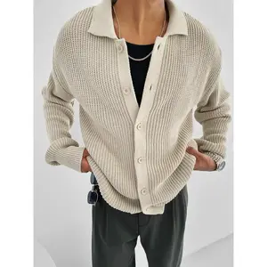 Men's Solid Button Front Drop Shoulder Cardigan, Loose Casual Long Sleeve Collared Knitwear for Fall & Winter, Men's Knit Clothing for Daily WearUOSX