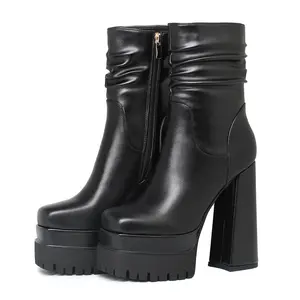 Women's Chunky Heel Platform Booties Square Toe Ankle Boots High Heeled Side Zip Slouch Boots Girl Footwear Walking Shoes