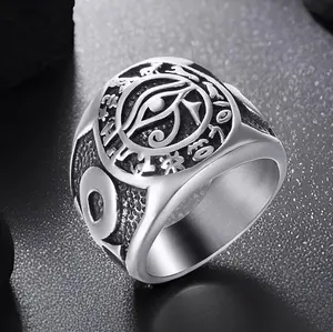 Egyptian Eye of Horus Ring Ankh Cross of Life Hieroglyphics Text Egypt Symbol Stainless Steel Rings for Men Vintage Jewelry