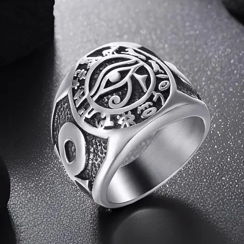 Men's Ancient Egyptian Style Amulet Ring - 0.75in Stainless Steel Band, Hypoallergenic Finger Jewelry, Carved Eye of Horus (Evil Eye Aesthetic), Ankh Rings (Cross of Life), Hieroglyphic Text, Vintage Casual Accessory