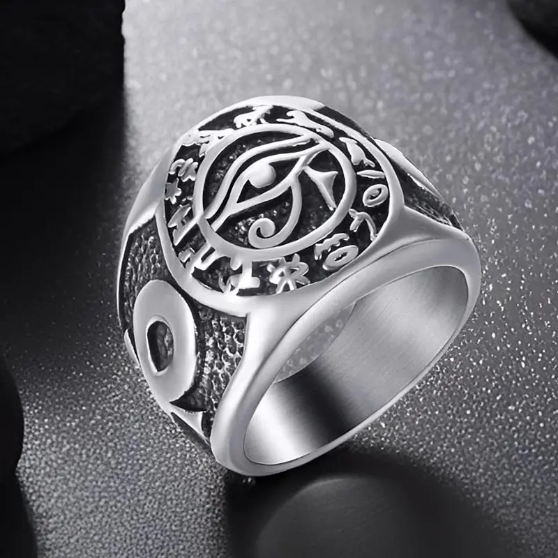 Men's Ancient Egyptian Style Amulet Ring - 0.75in Stainless Steel Band, Hypoallergenic Finger Jewelry, Carved Eye of Horus (Evil Eye Aesthetic), Ankh Rings (Cross of Life), Hieroglyphic Text, Vintage Casual Accessory