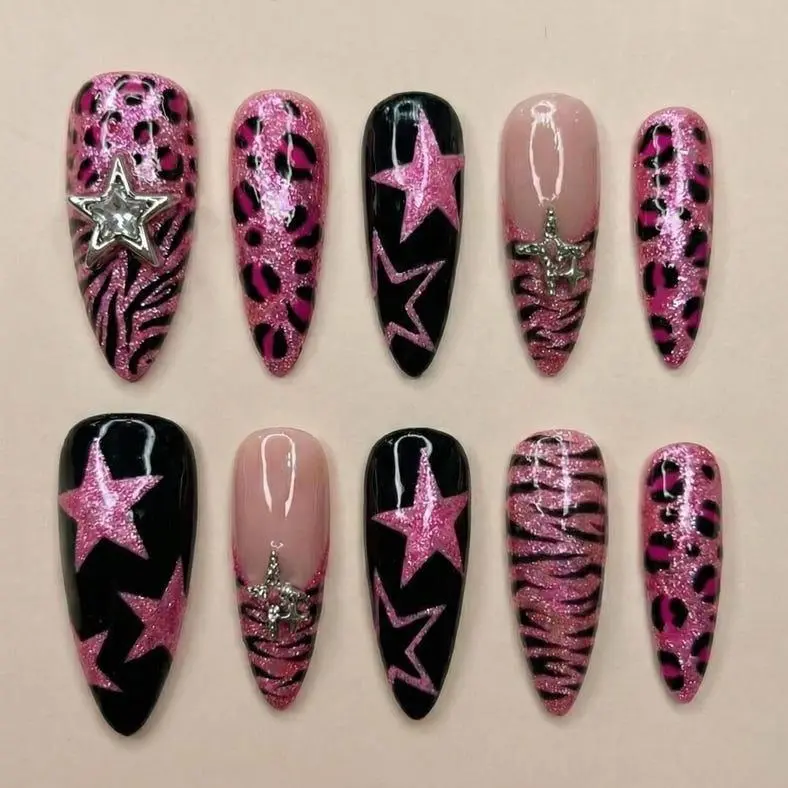 Hot Pink Leopard Press On Nails Glitter Star Tiger Stripe Reusable Y2K
