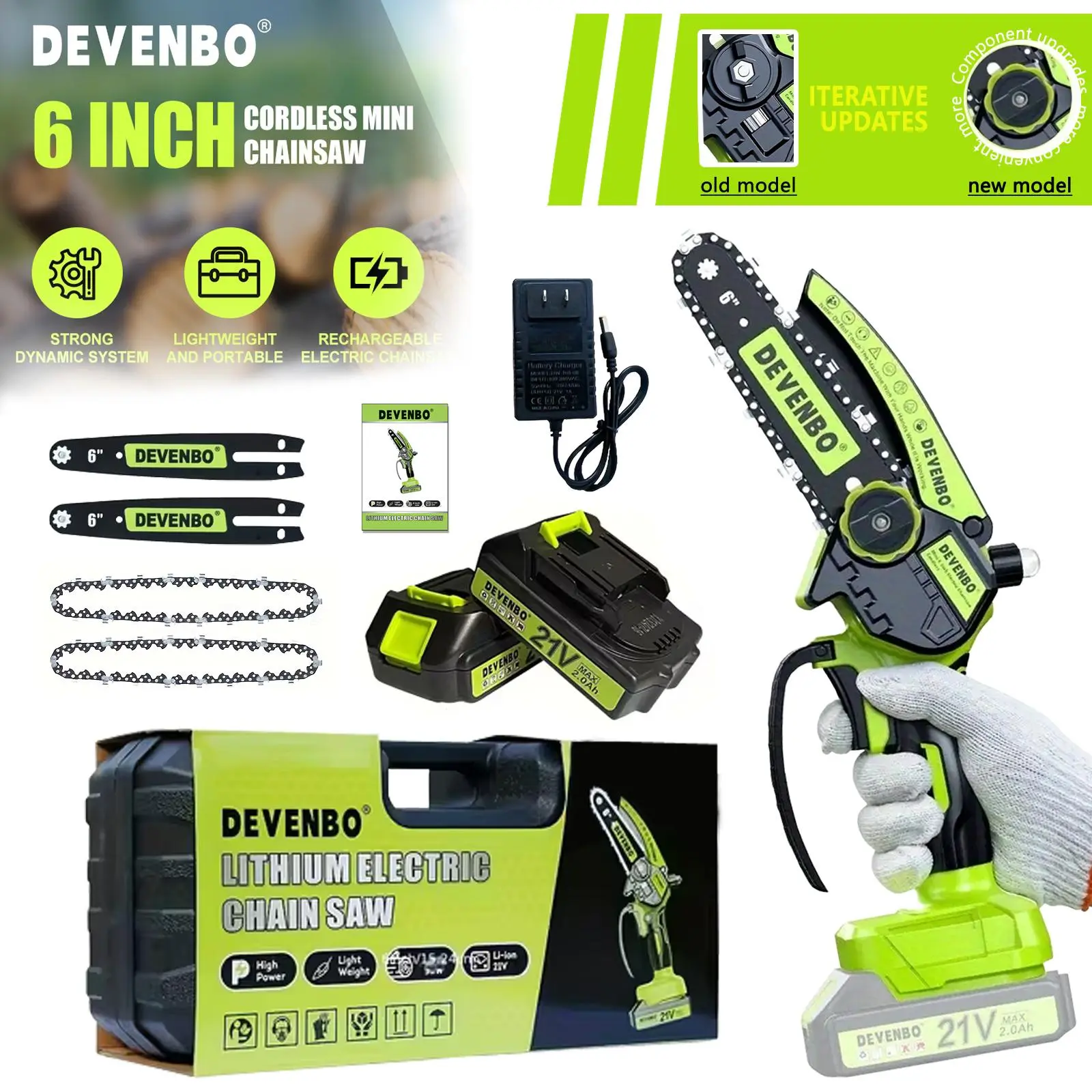 6-Inch Cordless Mini Chainsaw with Safety Guard, Plastic Body, Tool Box - Heavy-Duty Electric Garden Power Tool for Landscaping, Trimming Hedges, Lawn Surfaces