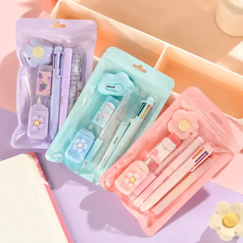 Kawaii Pink 7-Piece Office & School Stationery Set - Ballpoint Pens, Highlighter, Sharpener, Correction Tape, Ruler, Utility Knife