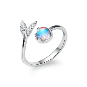 Presentski  925 Sterling Silver Fishtail Open Finger Fashion  Inlaid Moonlight Stone Adjustable Ring