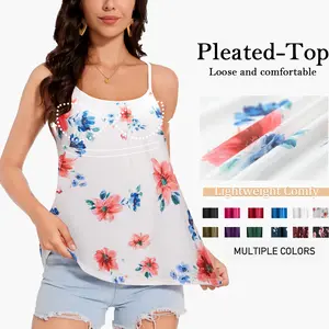 Women Ladies Tank Tops with Built in Bra Cup Casual Flowy Swing Pleated Spring Summer Cami Tanks Top with Adjustable Spaghetti Strap Sleeveless Tee Shirt Basic Trendy Beach Vacation Outfits Clothes