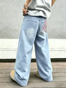 Street-Style Cherry Blossom Embroidered Wide-Leg Jeans, Light Blue Washed Loose Straight-Leg Floor-Length Pants, High Street Trendy Brand