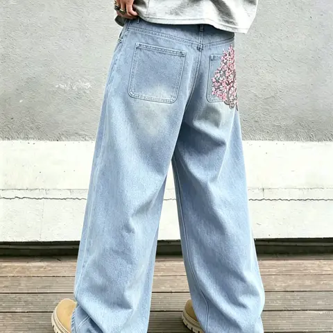 Men's Street-Style Cherry Blossom Embroidered Wide-Leg Oversized Baggy Denim Embroidery Jeans, Light Blue Washed Loose Full-Length Pants, High Street Trendy Streetwear Trousers