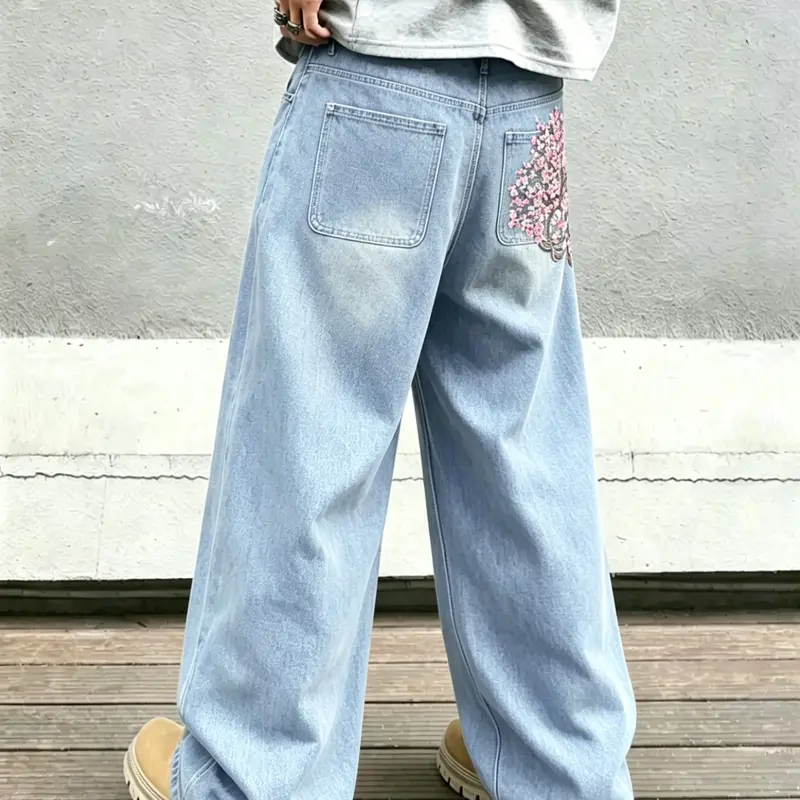 Men's Street-Style Cherry Blossom Embroidered Wide-Leg Oversized Baggy Denim Embroidery Jeans, Light Blue Washed Loose Full-Length Pants, High Street Trendy Streetwear Trousers
