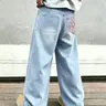 Men's Street-Style Cherry Blossom Embroidered Wide-Leg Oversized Baggy Denim Embroidery Jeans, Light Blue Washed Loose Full-Length Pants, High Street Trendy Streetwear Trousers