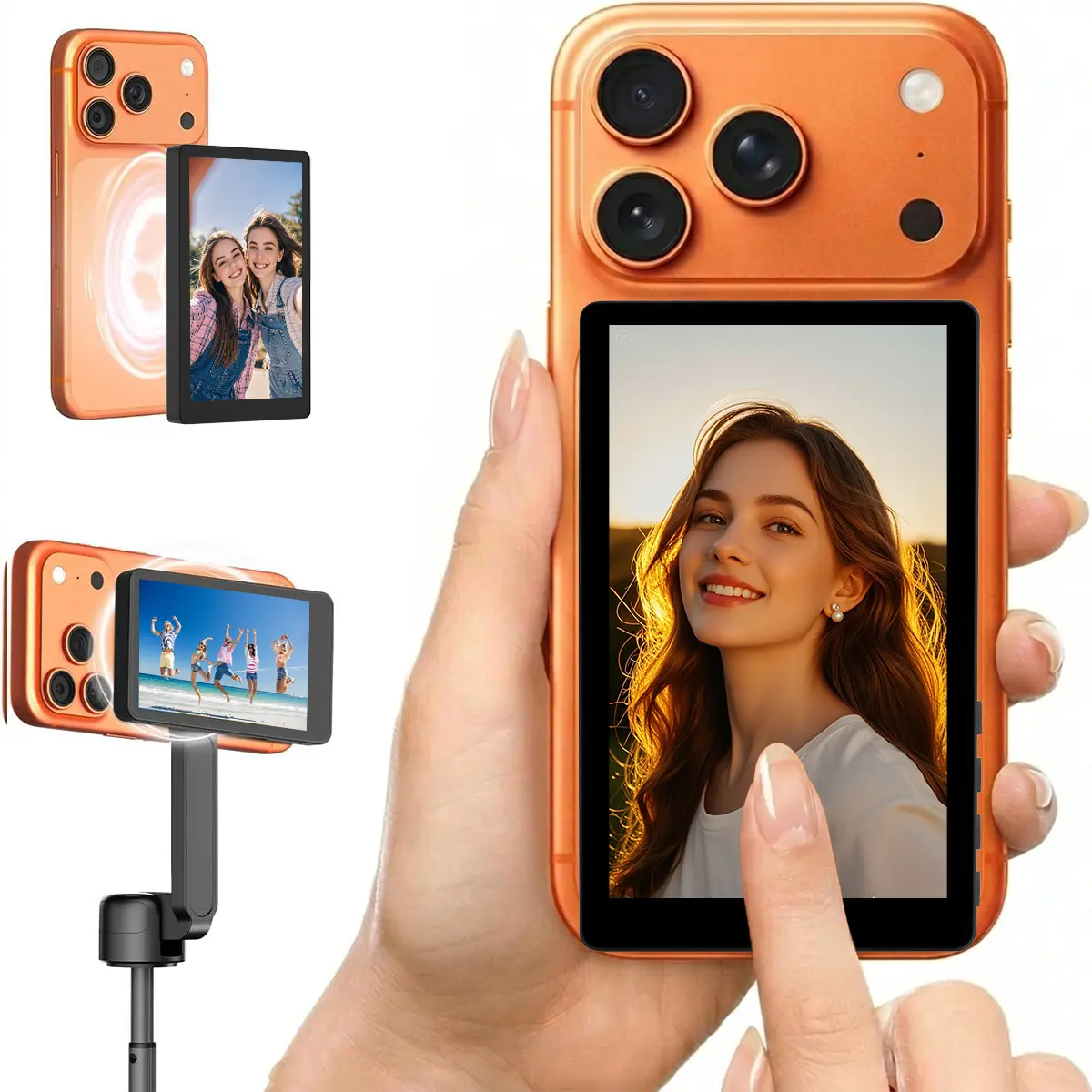 Magnetic Wireless Selfie Monitor 4K Screen Mirroring Vlog Display + Bluetooth Remote, Rear Camera Preview Screen for iPhone Android Live Stream Vlogging Camera