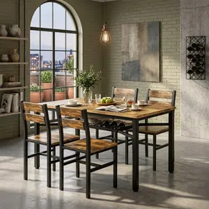 Modern Farmhouse 5 Piece Dining Table Set Rectangle Kitchen Table with 4 Chairs Storage Rack Particle Board Top Metal Frame Space Saving Dinette Set for Home Dining Room Small Living Room Household Furniture Decor