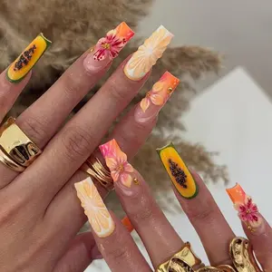 Tropical Press on Nails with 3D Papaya, Flower & Citrus | 3D Fake Nails in Long Square | Bright Handmade Nail Art for Summer, Trip