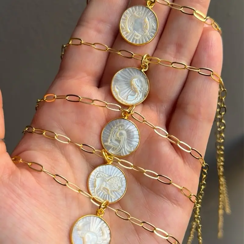Zodiac Mother of Pearl Necklace, 18 in. Chain, Brass over Gold Fill, 15 mm Pendant