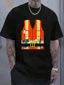 100% Cotton Construction Worker Costume Orange Safety Vest Tools T-Shirt Women's Men's Graphic Tee Crew Neck summer vacation Tops