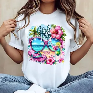 Girls Trip 2026 Tropical Sunglasses Flip Flops & Cocktail Print V-Neck T-Shirt | White Casual Loose Fit for Beach Vacation Outing