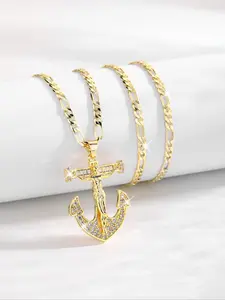 Fashion Hip Hop Anchor Pendant Necklace, Cuban Link Chain, Luxurious Copper Plated 14k Gold Cross Jesus Crucifix Jewelry, Daily Wear Holiday Gift Prayer, High End Necklace