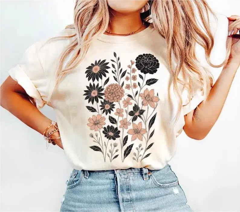 Vintage Pressed Flowers Shirt Botanical Floral Tshirt Boho Cottagecore Tee Wildflowers Floral T Shirt Gift for Gardener,Casual,shirts
