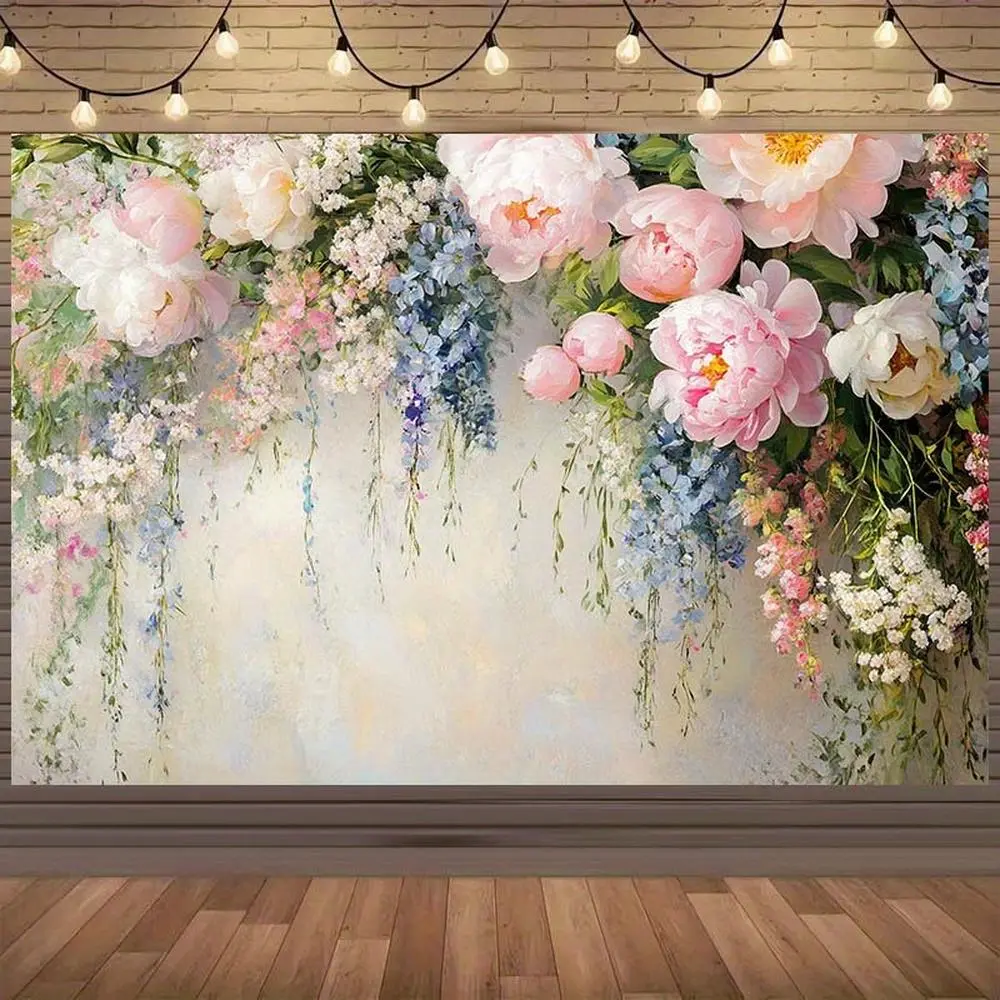 1pc Durable Polyester 2D Flat Glam Romantic Floral Backdrop, Vibrant Garden Scene with Pink, White, Blue, Green Flowers, Decorative Ornamented Banner, Ideal for Weddings, Photo Shoots, Birthdays, Wedding, One-Piece