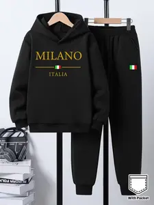 Boys' Milano Hoodie & Pants Set, Creative Letter Print, Casual Fitted Style, Fall&winter Wear, Trendy and Versatile Top