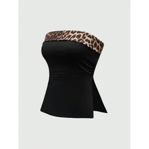 Grunge Punk Gyaru Subculture Women Leopard Print Cropped Tube Top With Slit Hem Womenswear Fit