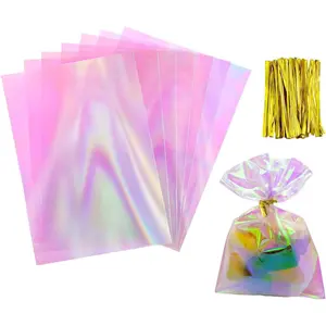 Metal Rainbow Holographic Candy Bag - Transparent Glass Paper Candy Bag with Strap, BPA Free, Reusable OPP Plastic, Food Packaging, Party Gift Bag, Snack(Rainbow 100PCS, 3.94inX5.91in)
