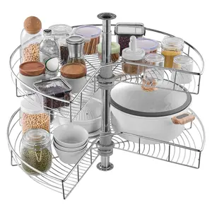 Father's Day Gift VEVOR 28" 2 Tier Kidney Shaped Chrome Corner Organizer Lazy Susan Cabinet Blind Corner with Hydraulic Damping System & Adjustable Height 22-29 Inch