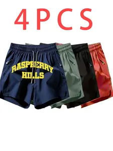 4-Pack Raspberry Hills Print Quick-Dry Gym Shorts, Men's Zip Pocket Elastic Waist Casual Fitness Shorts, Lightweight Breathable Summer Training Shorts