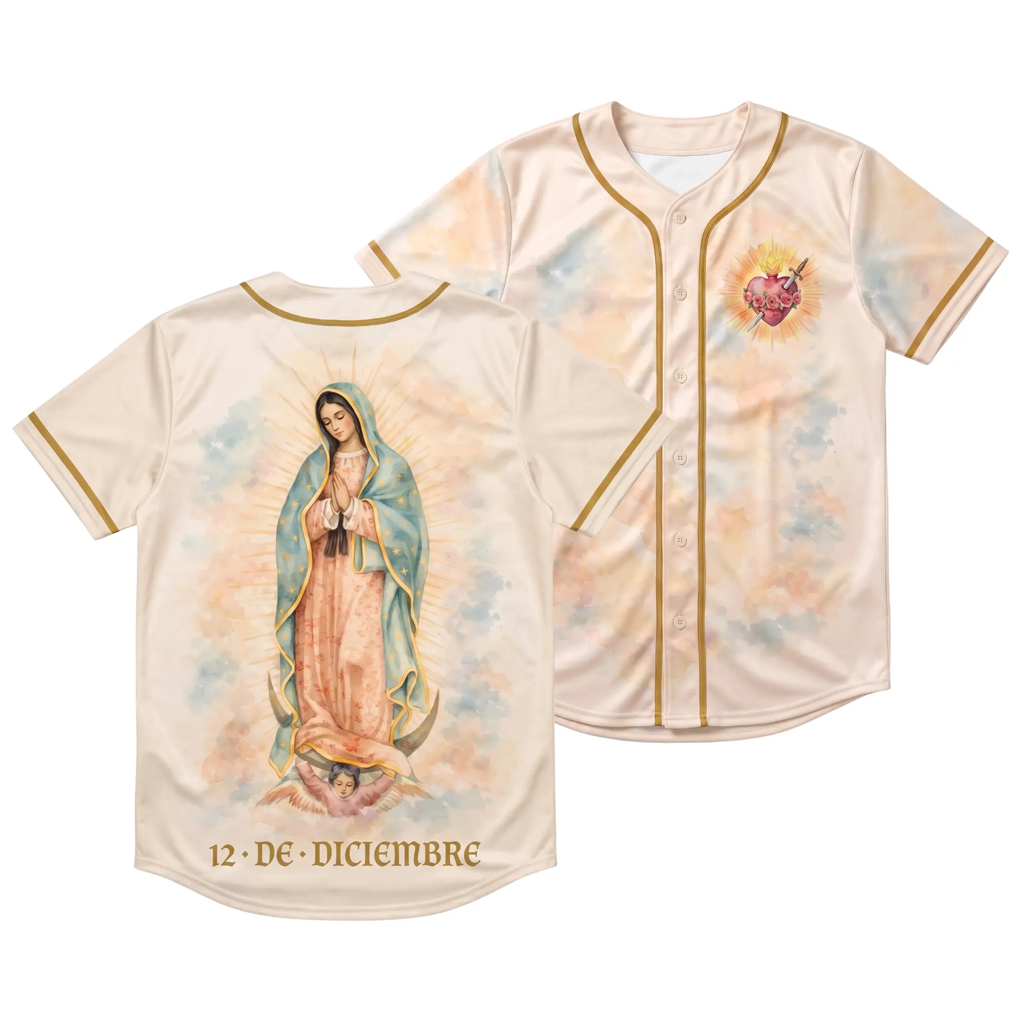 12 De Diciembre Catholic Mexican Faith Baseball Jersey - Polyester, Regular Fit, Breathable Short Sleeve, Our Lady of Guadalupe Immaculate Heart Virgin Mary Watercolor Button Up for Baseball/Softball