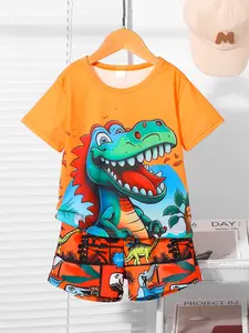 Summer Boys' 2-Piece Dinosaur Print Round Neck T-Shirt and Shorts Set, Casual Fitted for Kids, Toddler Clothing, Fitted Cut