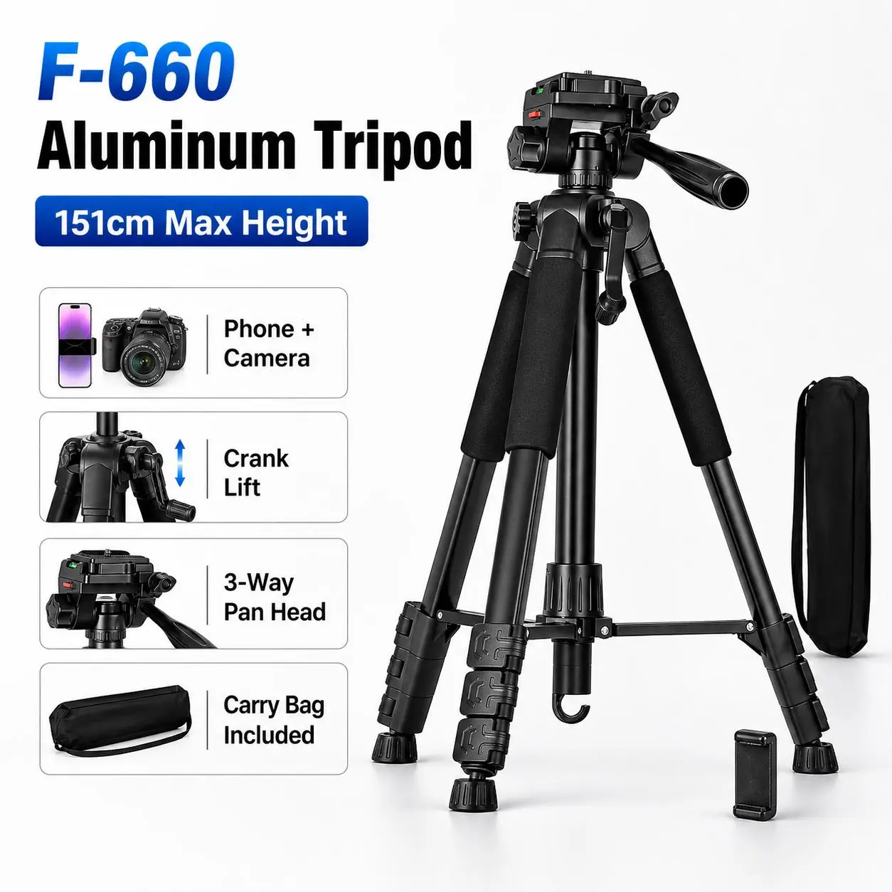60-Inch Durable Aluminum Legs Camera Tripod Stand F-660T, Adjustable Height, 3-Way Pan Head, Crank Lift System, Phone Holder, Carry Bag, Foldable Portable for Content Creators, Smartphones/Cameras, All Seasons, Tutorials